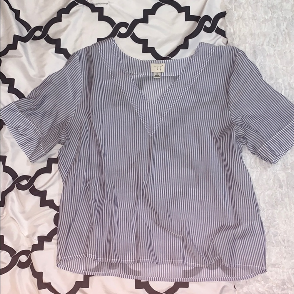 Blue and White Striped V Neck Blouse